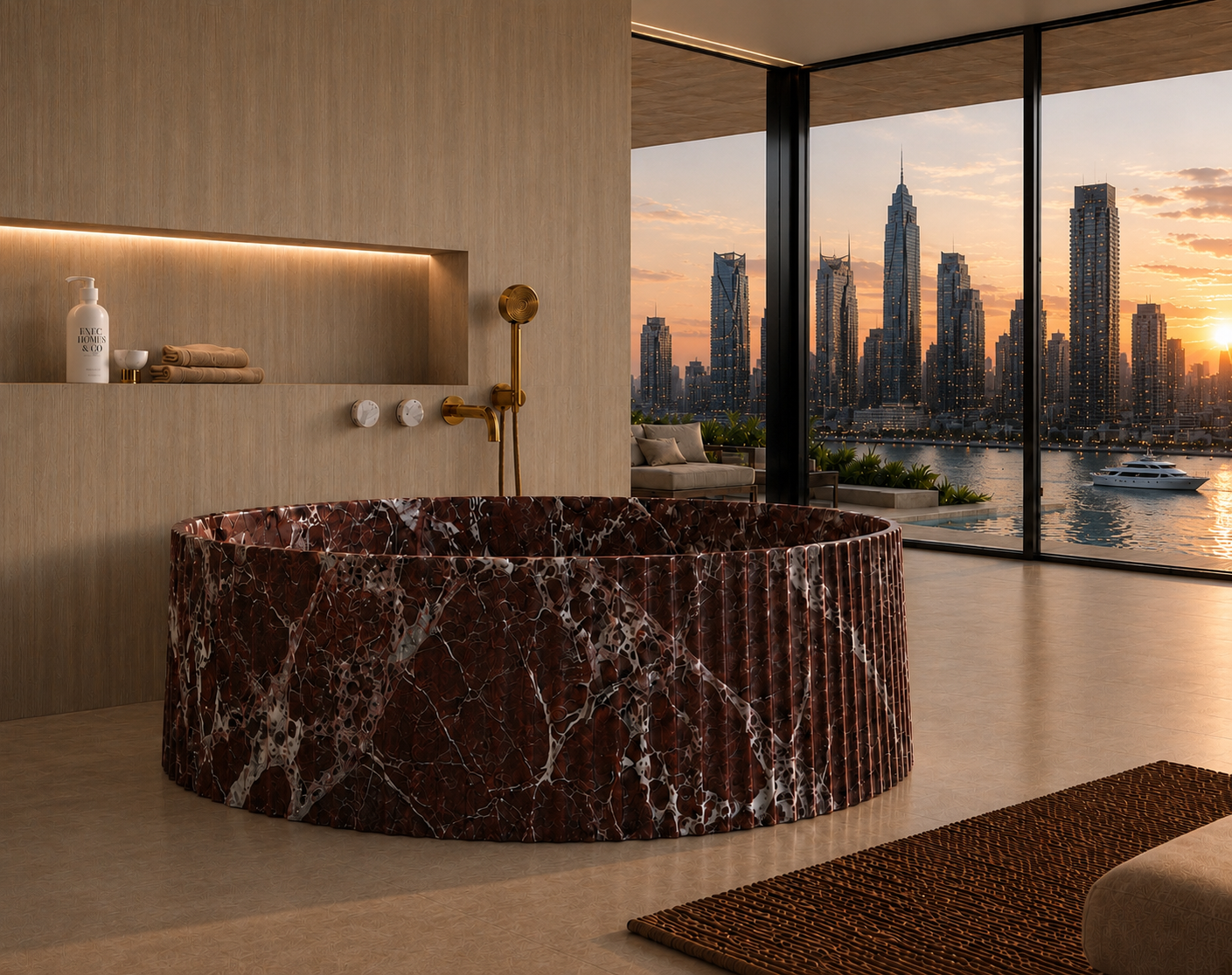 A round freestanding bathtub in dark red-brown marble with white veining, set in a modern bathroom with wood paneling and large floor-to-ceiling windows overlooking a city skyline at sunset.
