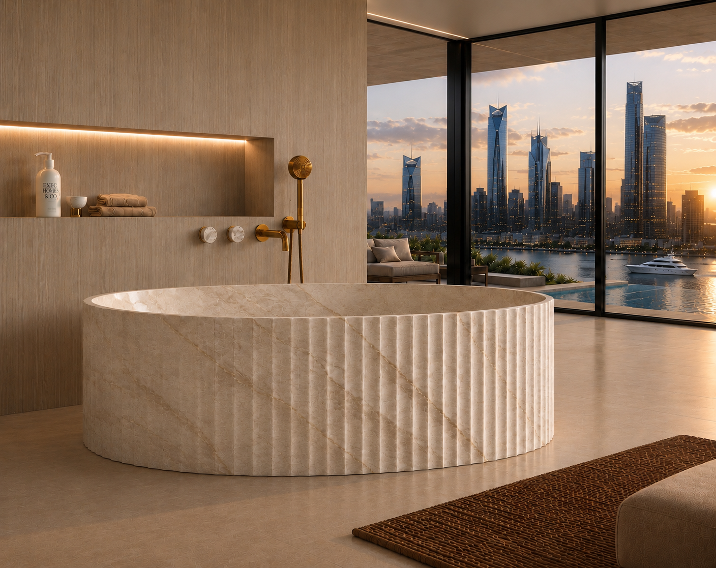 An oval freestanding bathtub in a light beige fluted stone, set in a modern bathroom with a gold faucet and large floor-to-ceiling windows overlooking a city skyline at sunset.