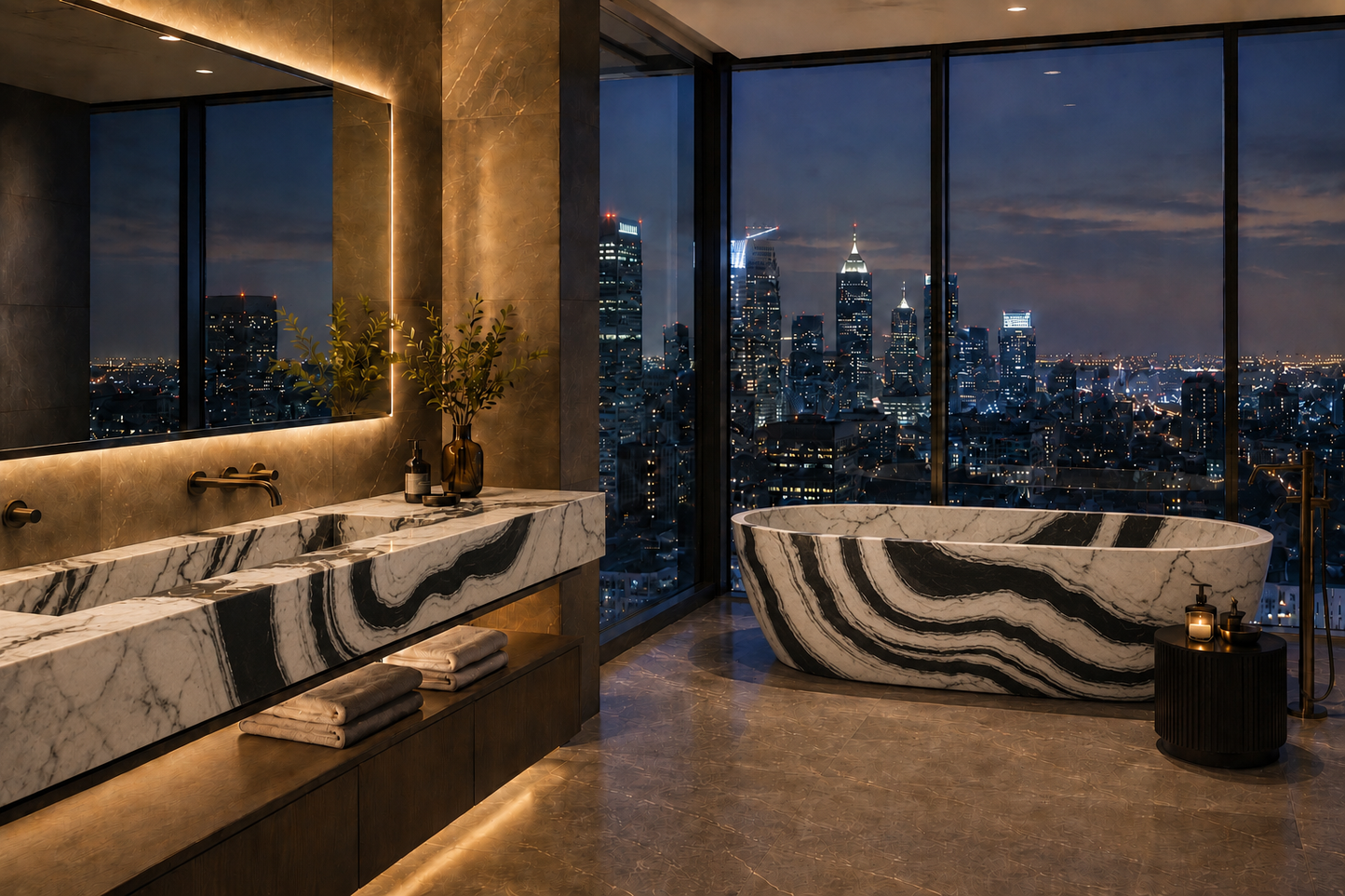 A luxury modern bathroom featuring a freestanding oval bathtub with dramatic black and white marbled stone, a matching double-sink vanity, and floor-to-ceiling windows showcasing a vibrant city skyline at night.