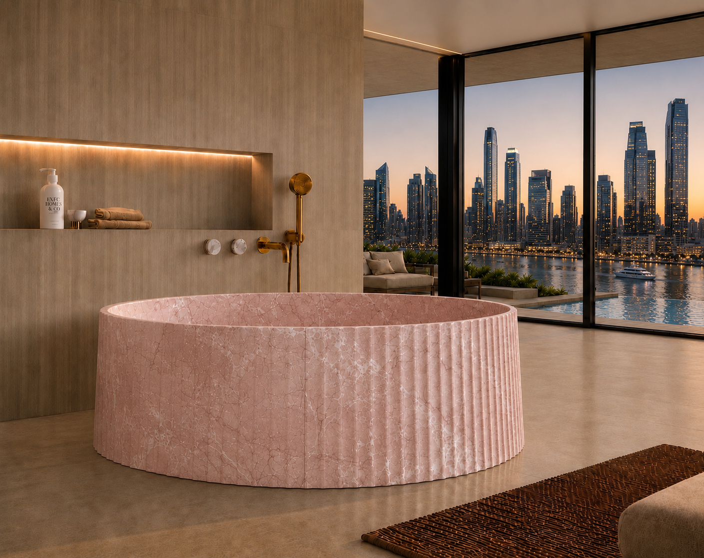 A round freestanding bathtub in a blush pink ribbed fabric or textured material, shown in a modern bathroom with wood walls, built-in shelving, and large floor-to-ceiling windows overlooking a city skyline at dusk.