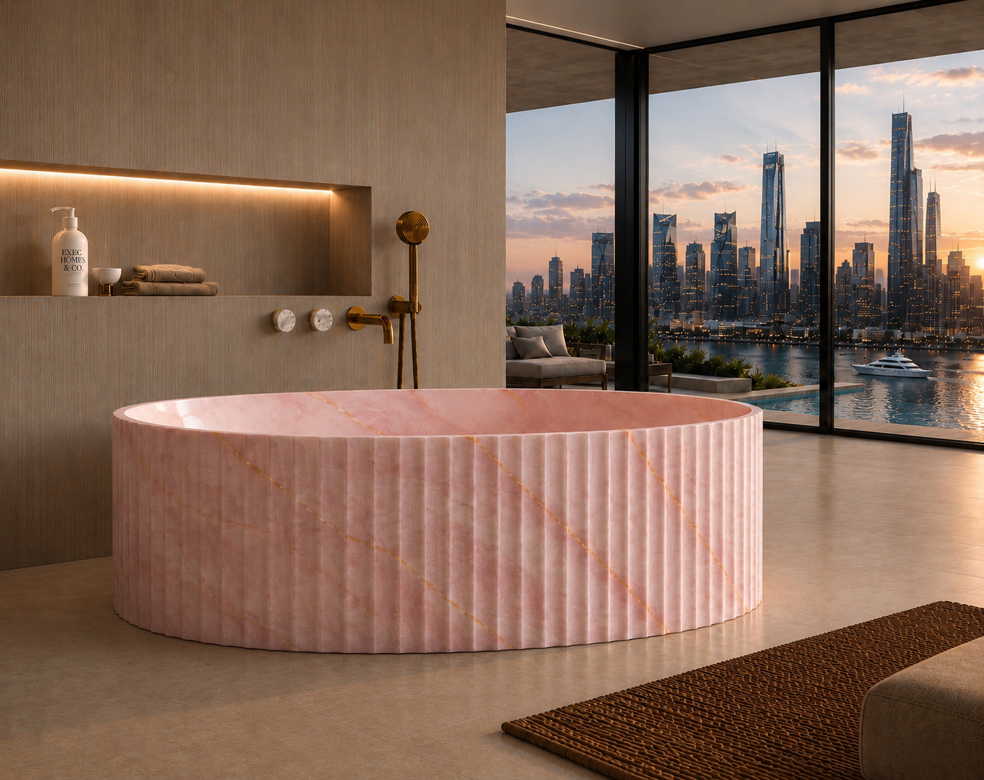 A round pink marble freestanding bathtub with a ribbed exterior, set in a modern luxury bathroom with a city skyline view outside.