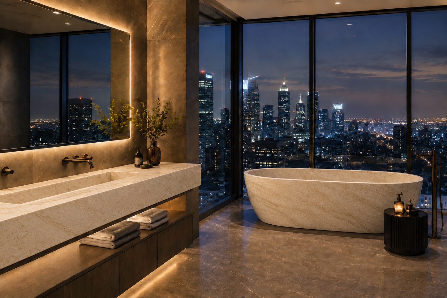 A luxury modern bathroom featuring a large freestanding oval bathtub with a panoramic city skyline view at night, a double-sink vanity with a long white marble countertop, and warm ambient lighting.