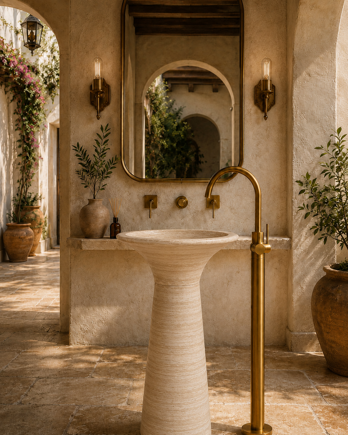 Beige travertine basin