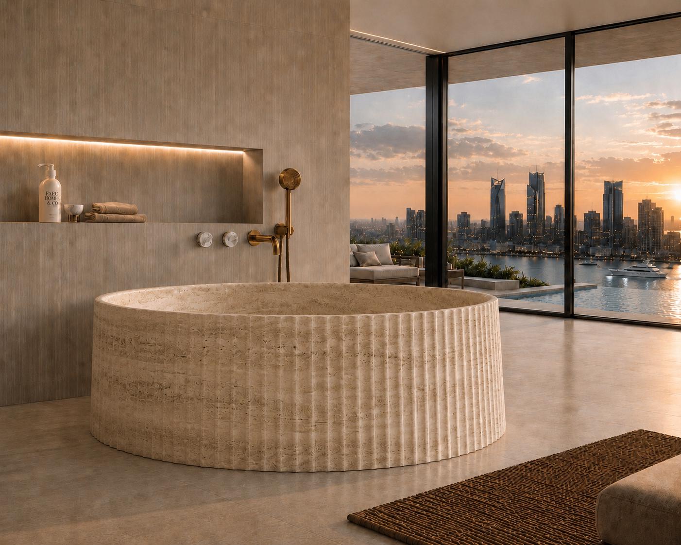 Beige Travertine Fluted Marble Bathtub