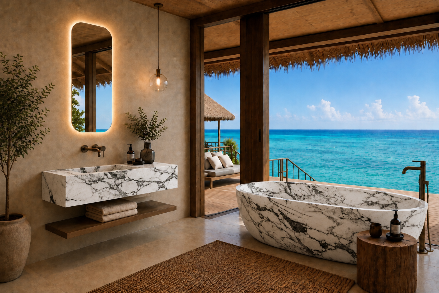 Luxury tropical beach resort bathroom featuring a floating white marble sink, a matching freestanding oval bathtub, a large illuminated wall mirror, and an open-air view of the turquoise ocean under a thatched roof.