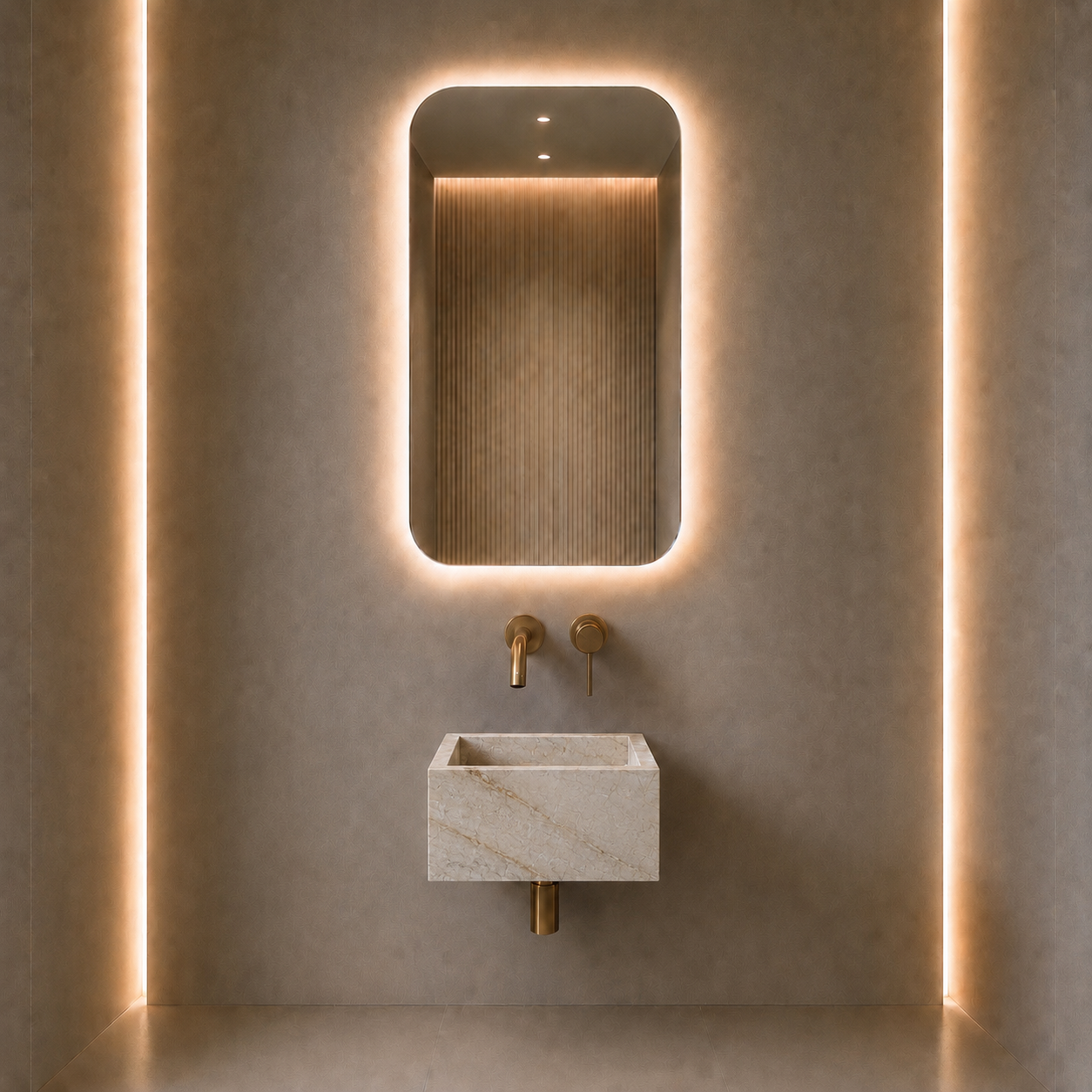 A modern bathroom vanity setup featuring a rectangular wall-mounted sink in light stone, paired with a matching illuminated rectangular mirror and warm brass faucet fixtures, set against a textured beige wall with vertical LED light strips.