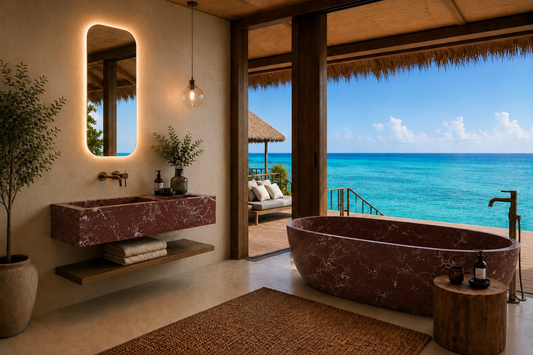 Luxury tropical beach resort bathroom featuring a large oval freestanding tub and a floating marble sink in a warm wood and beige-toned open-air room with a direct view of the turquoise ocean.