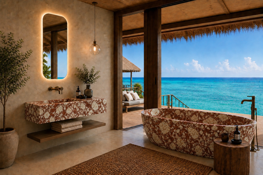 Luxury tropical beach resort bathroom featuring a floating double-sink vanity with a floral-patterned terracotta and cream marble countertop, a matching freestanding oval bathtub, a wood-framed illuminated mirror, and an open-air view of a turquoise ocean and thatched roof.