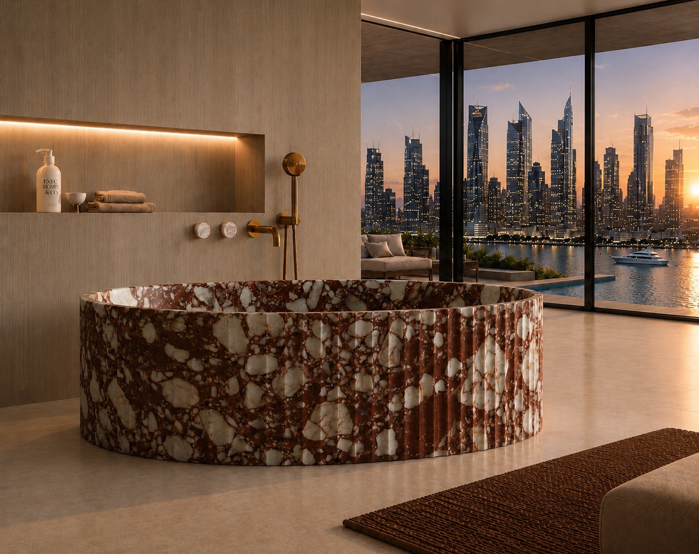 A round freestanding bathtub with a brown and beige marbled stone pattern, set in a modern bathroom with a city skyline sunset view through large windows.