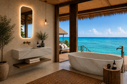 Luxury tropical beach resort bathroom featuring a large natural stone freestanding bathtub overlooking the turquoise ocean, a matching stone wall-mounted sink with a backlit mirror, and a thatched roof structure.