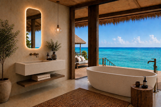 Luxury tropical beach resort bathroom featuring a freestanding oval bathtub, a modern wall-mounted sink with a backlit mirror, and an open thatched-roof roof offering a direct view of the turquoise ocean.