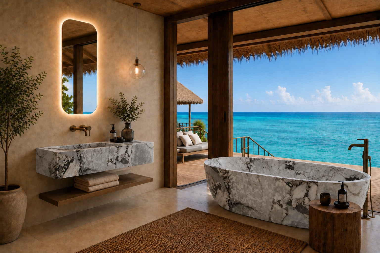 Luxury tropical beach resort bathroom featuring a floating marble washstand with a backlit mirror, a freestanding marble bathtub by an open thatched-roof porch, and a stunning turquoise ocean view.