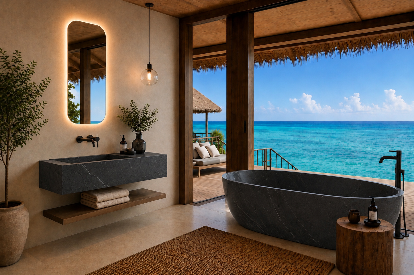 Luxury beachfront bathroom featuring a dark stone freestanding bathtub and matching floating vanity with illuminated mirror, set in a tropical resort with ocean views.