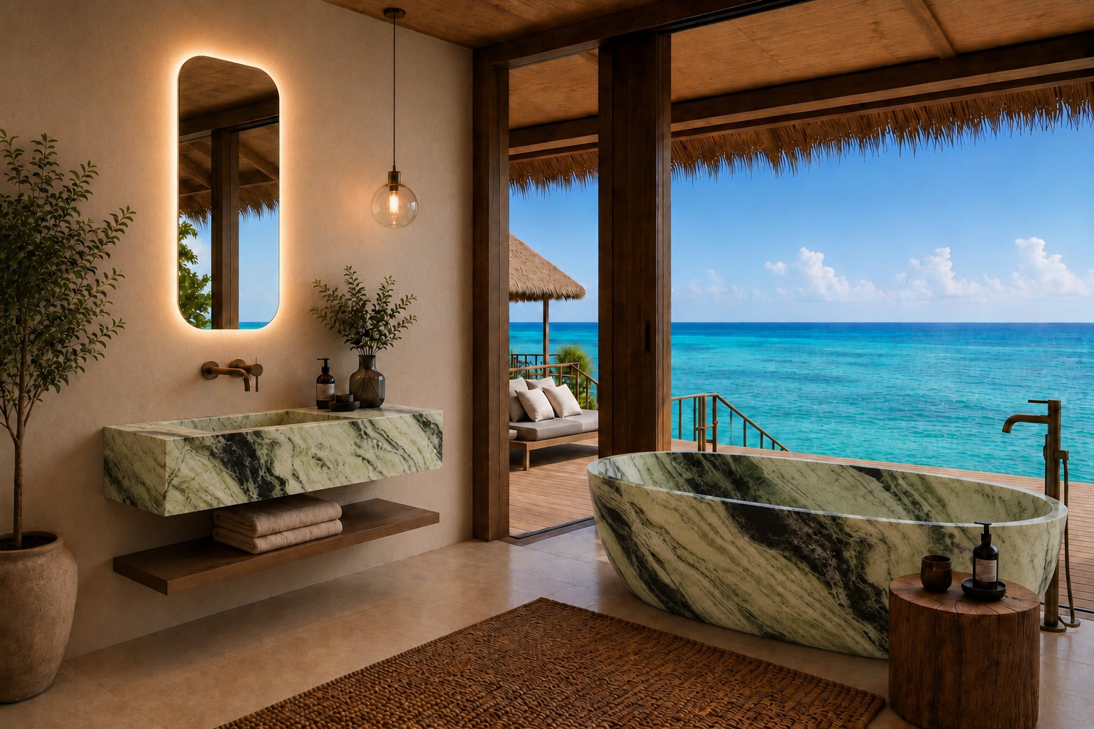 Luxury tropical beach bathroom featuring a freestanding oval marble bathtub and matching marble floating vanity with an illuminated mirror, overlooking a turquoise ocean from an open thatched-roof porch.