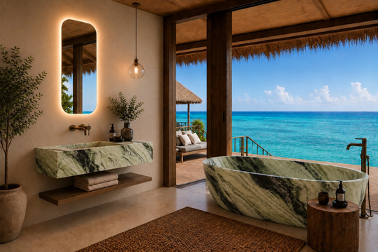 Luxury tropical beach bathroom featuring a freestanding oval marble bathtub and matching marble floating vanity with an illuminated mirror, overlooking a turquoise ocean from an open thatched-roof porch.