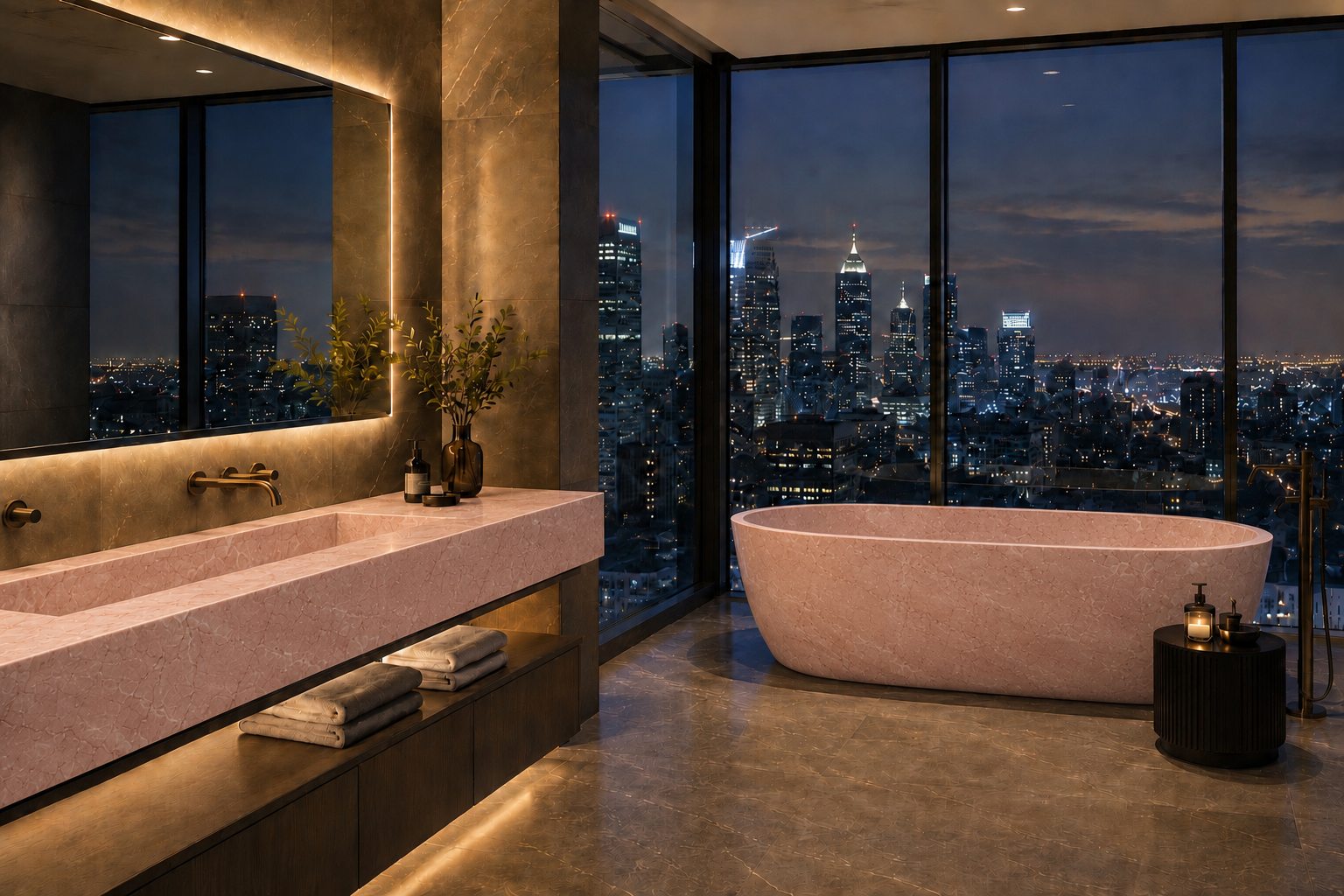 A luxury modern bathroom with a freestanding pink stone bathtub overlooking a city skyline at night, featuring a double-sink vanity with a large mirror and warm ambient lighting.