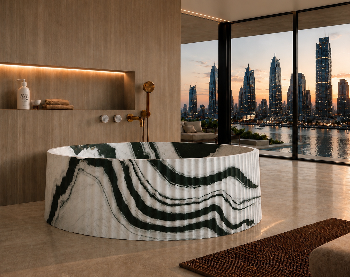 A round freestanding bathtub with a white and dark green marbled pattern, set in a modern luxury bathroom with a city skyline view outside.