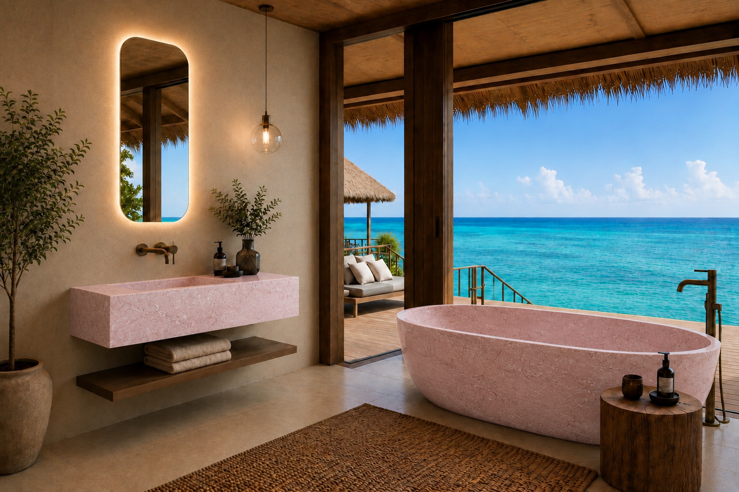 A luxurious beachfront bathroom featuring a pink stone freestanding tub with an ocean view, a matching pink stone floating vanity, and a large backlit mirror.
