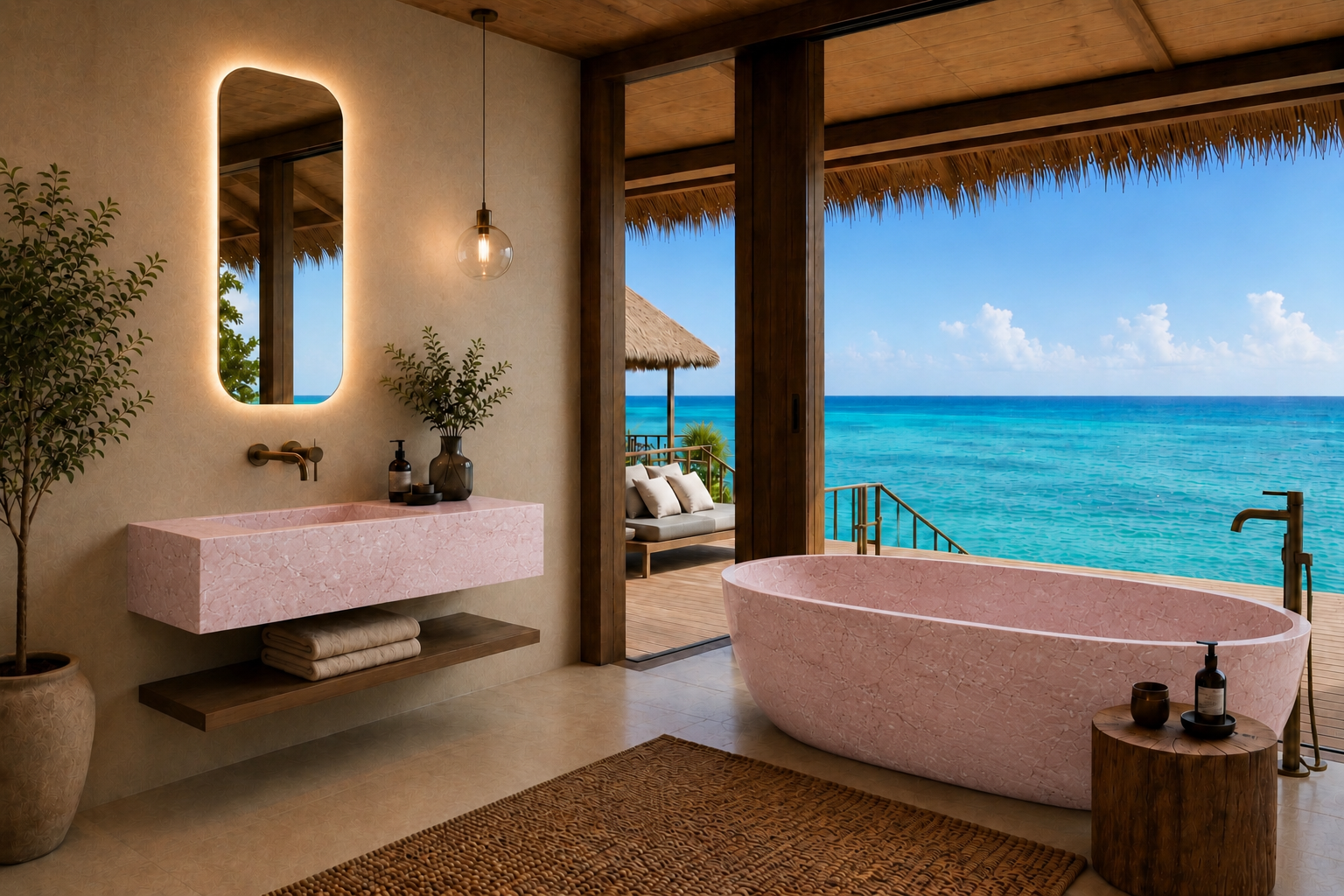 A luxurious beachfront bathroom featuring a pink stone freestanding tub with an ocean view, a matching pink stone floating vanity, and a large backlit mirror.