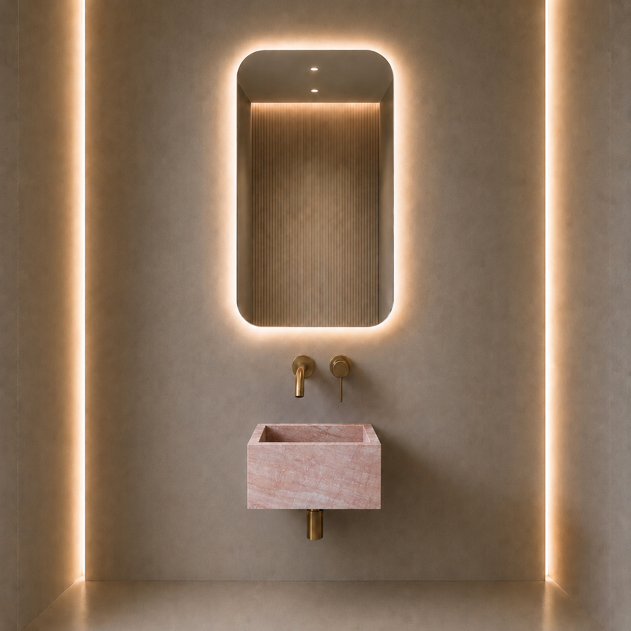 A modern bathroom vanity setup featuring a rectangular pink marble sink with a gold faucet, mounted beneath a rounded rectangular LED-backlit mirror on a textured beige wall with vertical warm light strips.