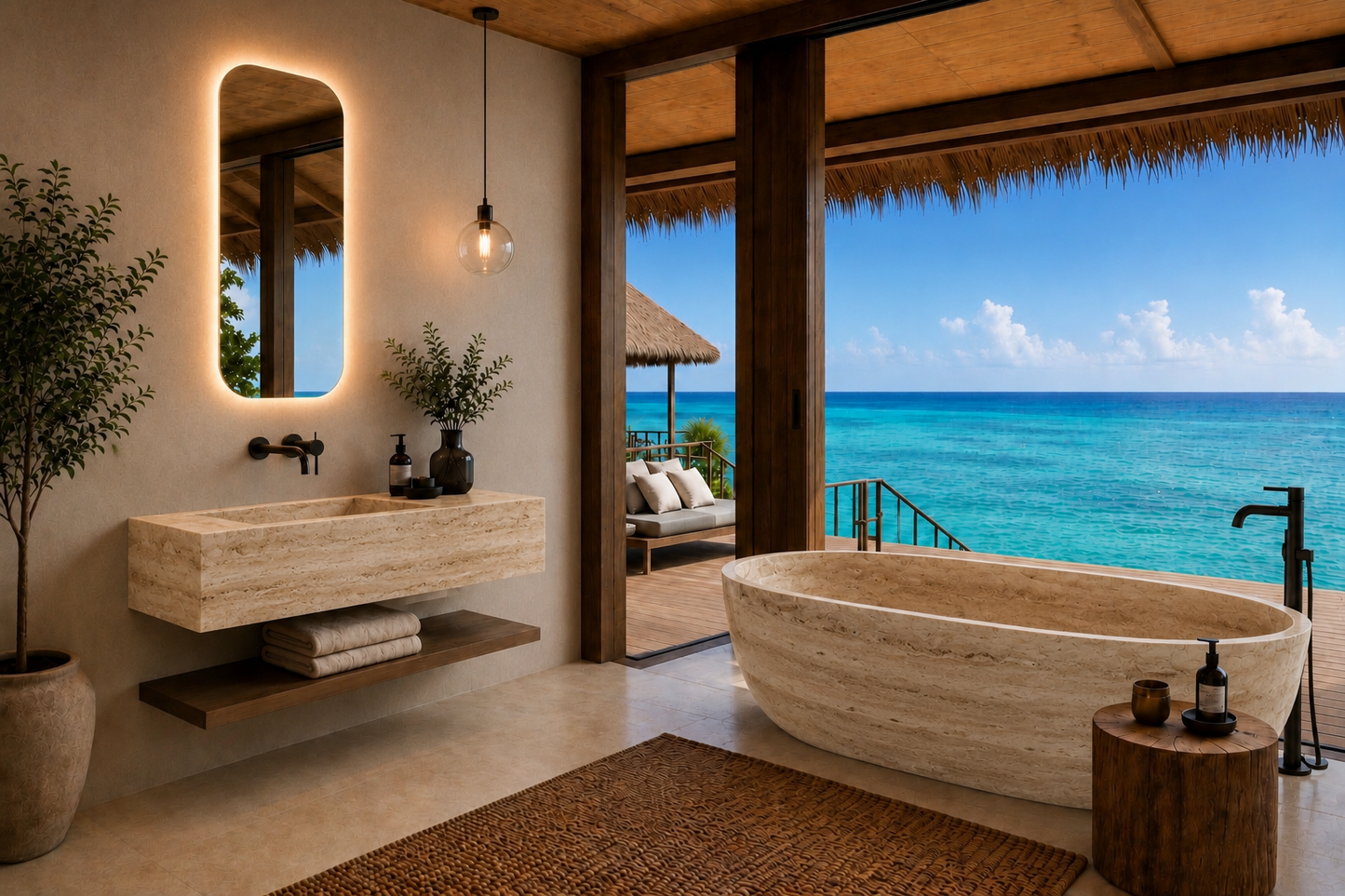 Luxury beachfront bathroom featuring a freestanding oval stone bathtub with an outdoor view of the turquoise ocean, a floating stone sink, and a wall mirror with warm lighting.
