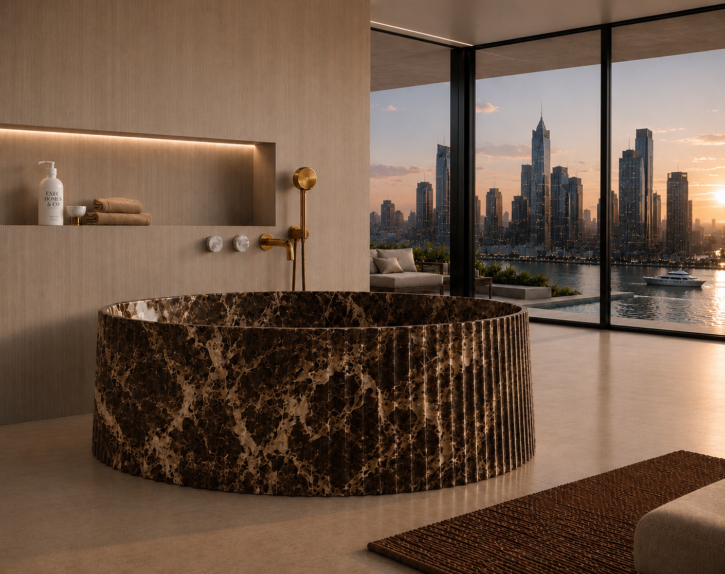 A round freestanding bathtub with a dark brown and gold marbled stone exterior and gold fixtures, set in a modern bathroom with a large window overlooking a city skyline at sunset.