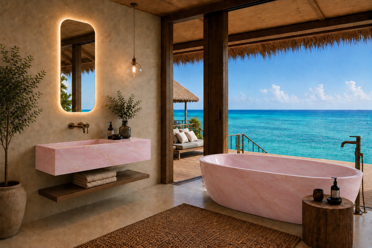 A luxurious beachfront bathroom featuring a pink freestanding bathtub and a matching pink floating sink with an illuminated mirror, set against a backdrop of a tropical ocean and thatched roof.