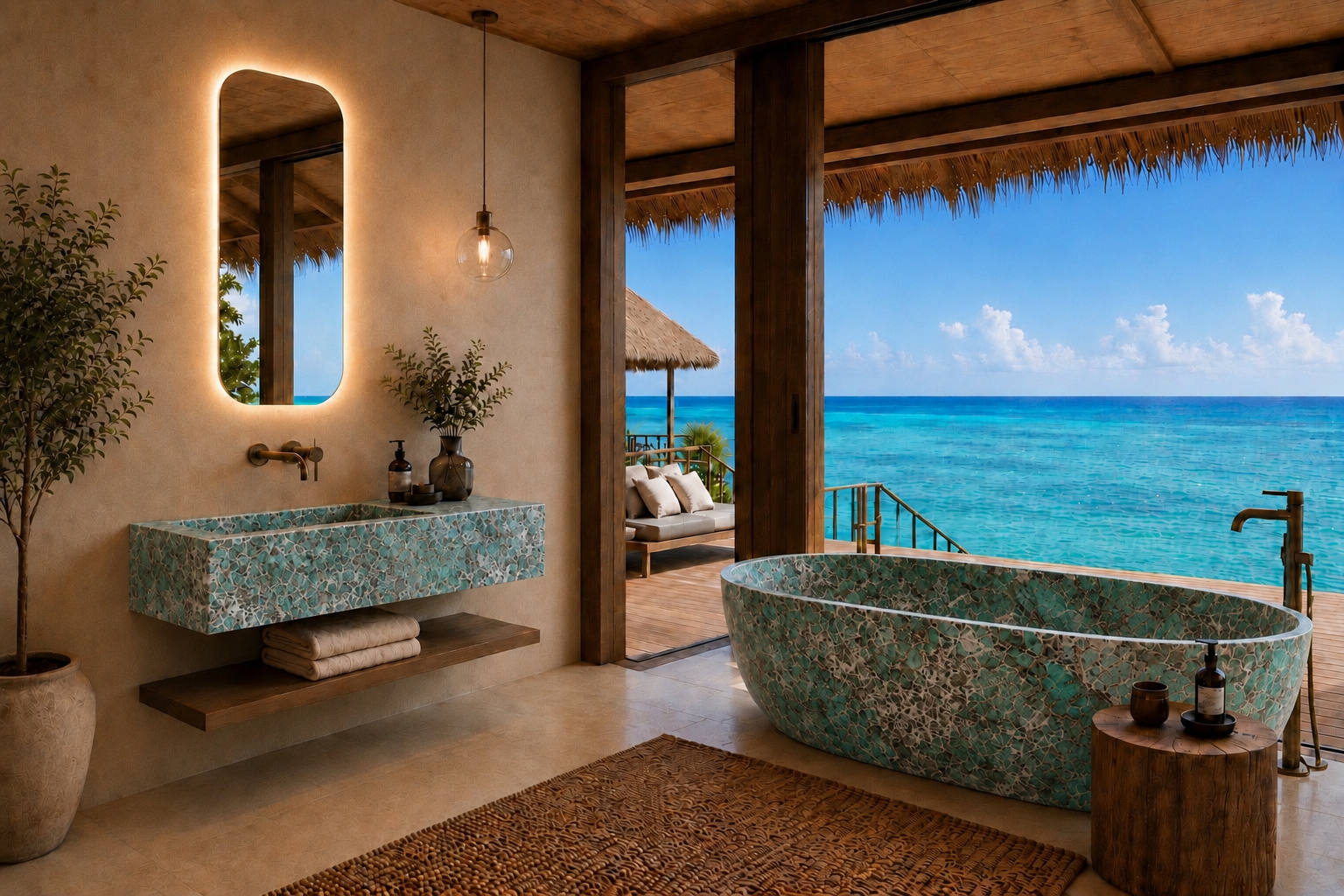A luxury tropical beach resort bathroom featuring a large freestanding oval bathtub and a matching floating rectangular sink with a glowing LED backlit mirror, set in a rustic open-air room with a direct view of the turquoise ocean.