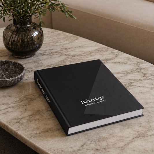 A black Balenciaga hardcover book titled 'The Dreaming Painter' resting on a beige marble table, styled with a dark glass vase and a small bowl in a modern interior setting.