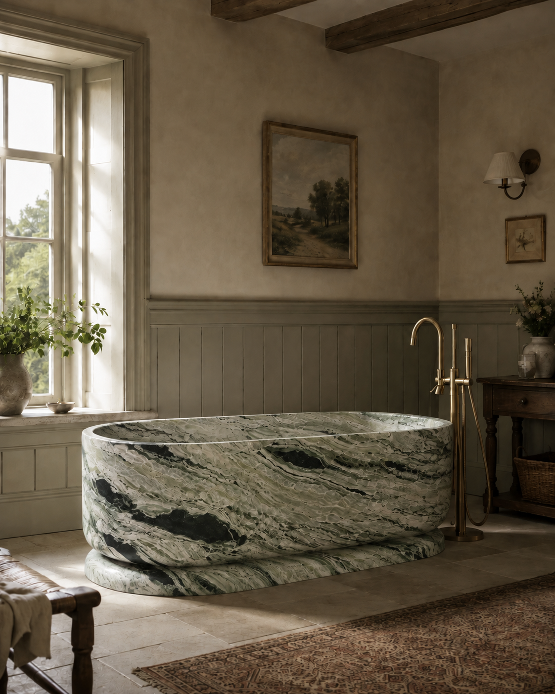 Cotswold Collection freestanding natural stone bathtub in Shangri La Green – product view 1