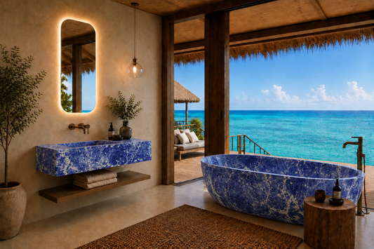Luxury beachfront bathroom featuring a blue onyx freestanding bathtub and matching blue stone floating sink with illuminated mirror, set in a tropical resort with ocean views.