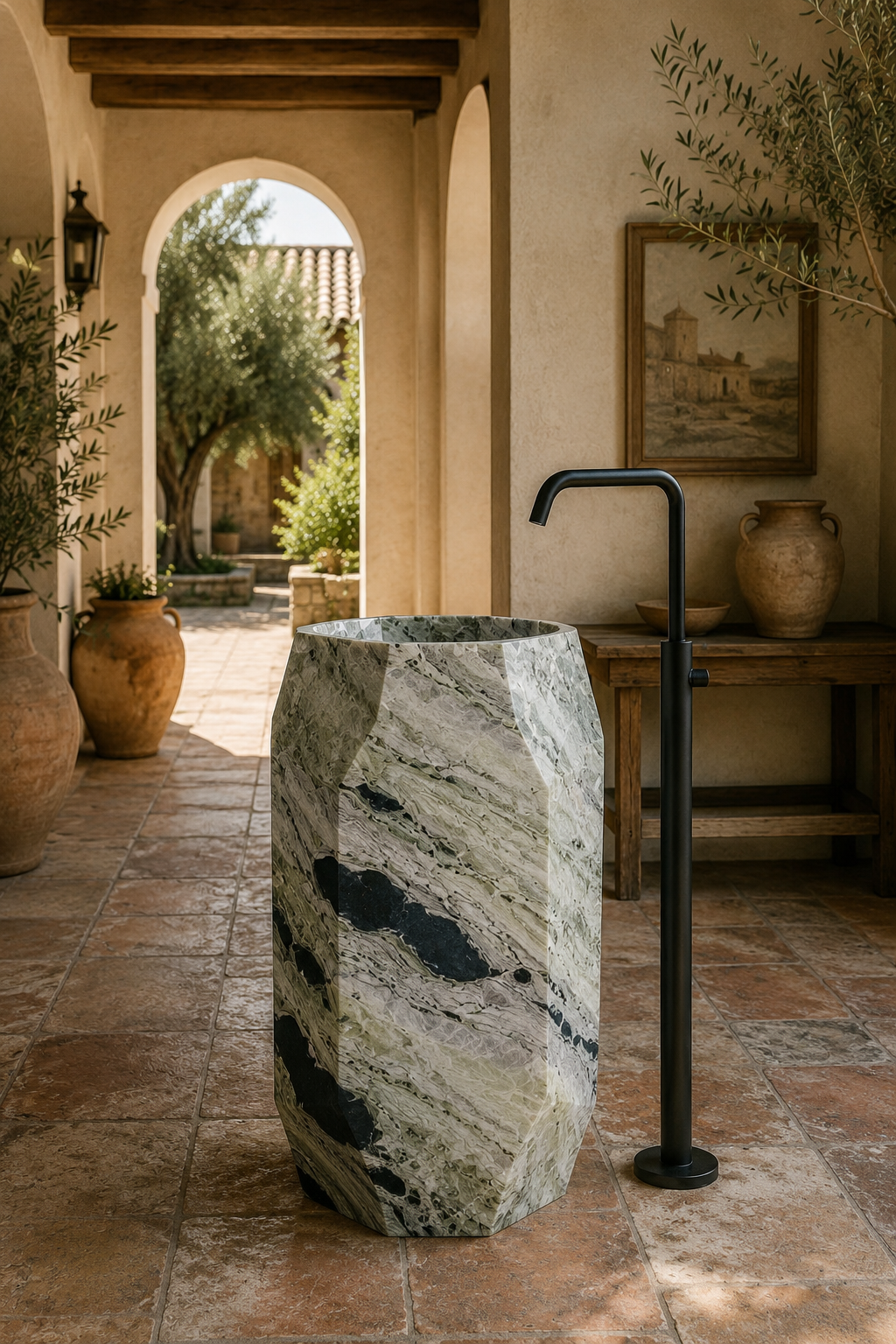 Shangri La green marble freestanding basin 