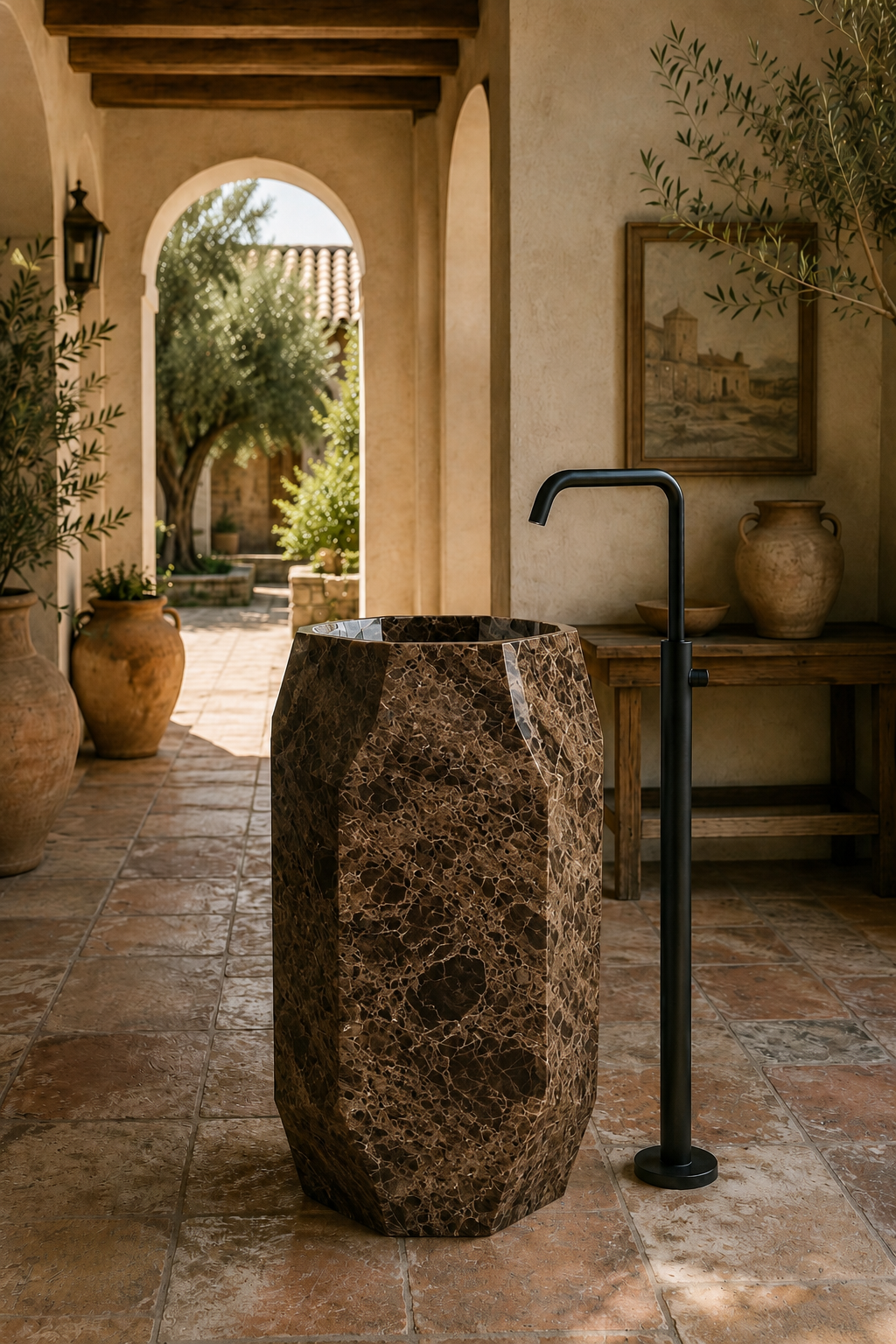 Freestanding dark Emperador marble sink 