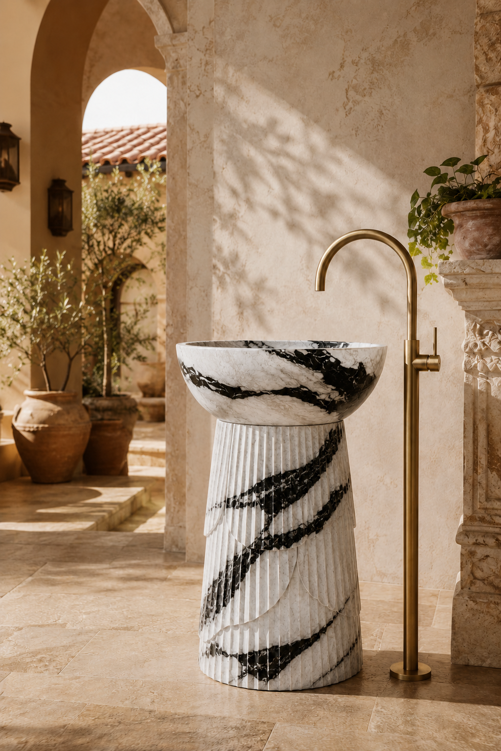 Freestanding panda white marble pedestal 