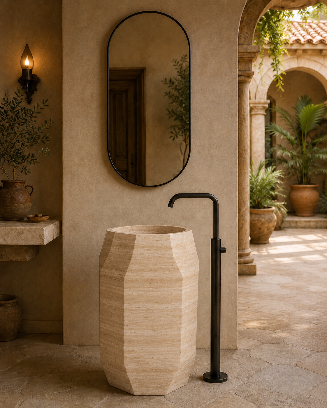 Freestanding beige travertine sink 
