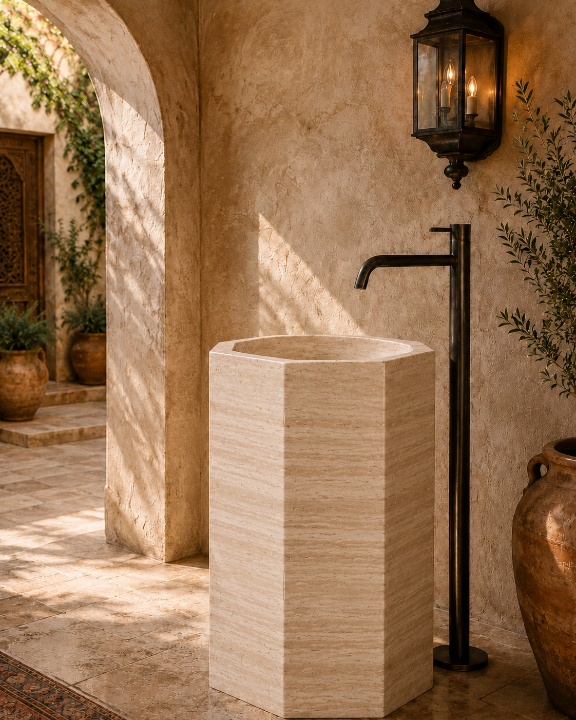 Freestanding beige travertine marble pedestal 