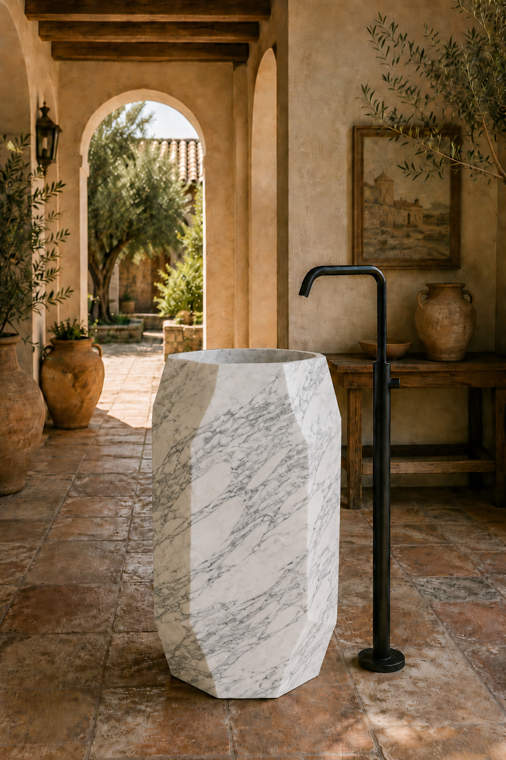 Freestanding arabescato Corchia marble pedestal 