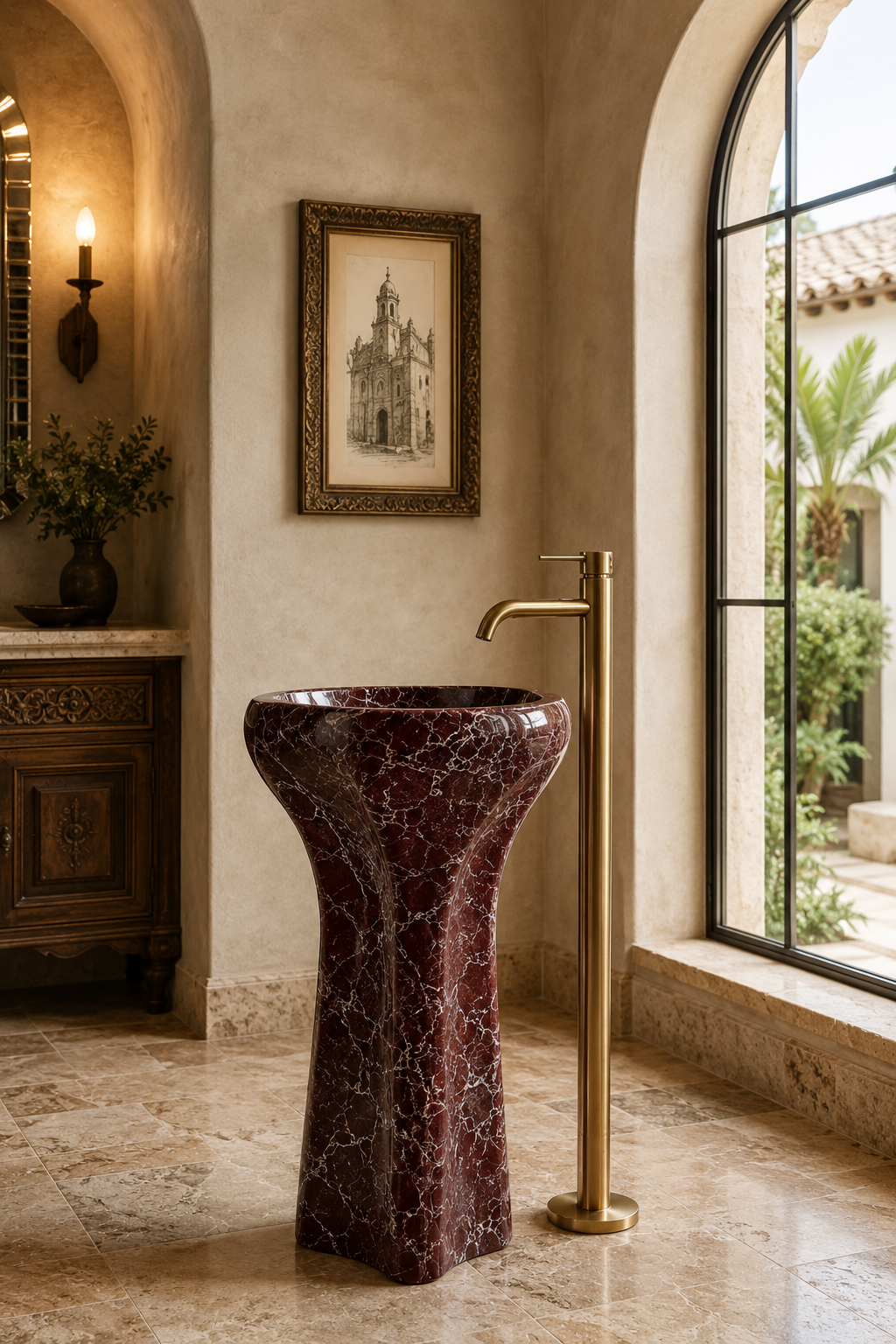 Free standing marble Rosso Levanto basin