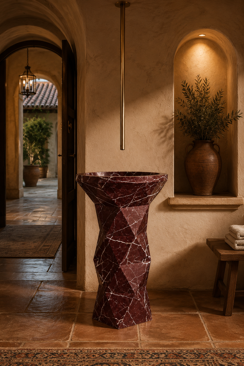 Rosso Levanto marble pedestal freestanding sink 