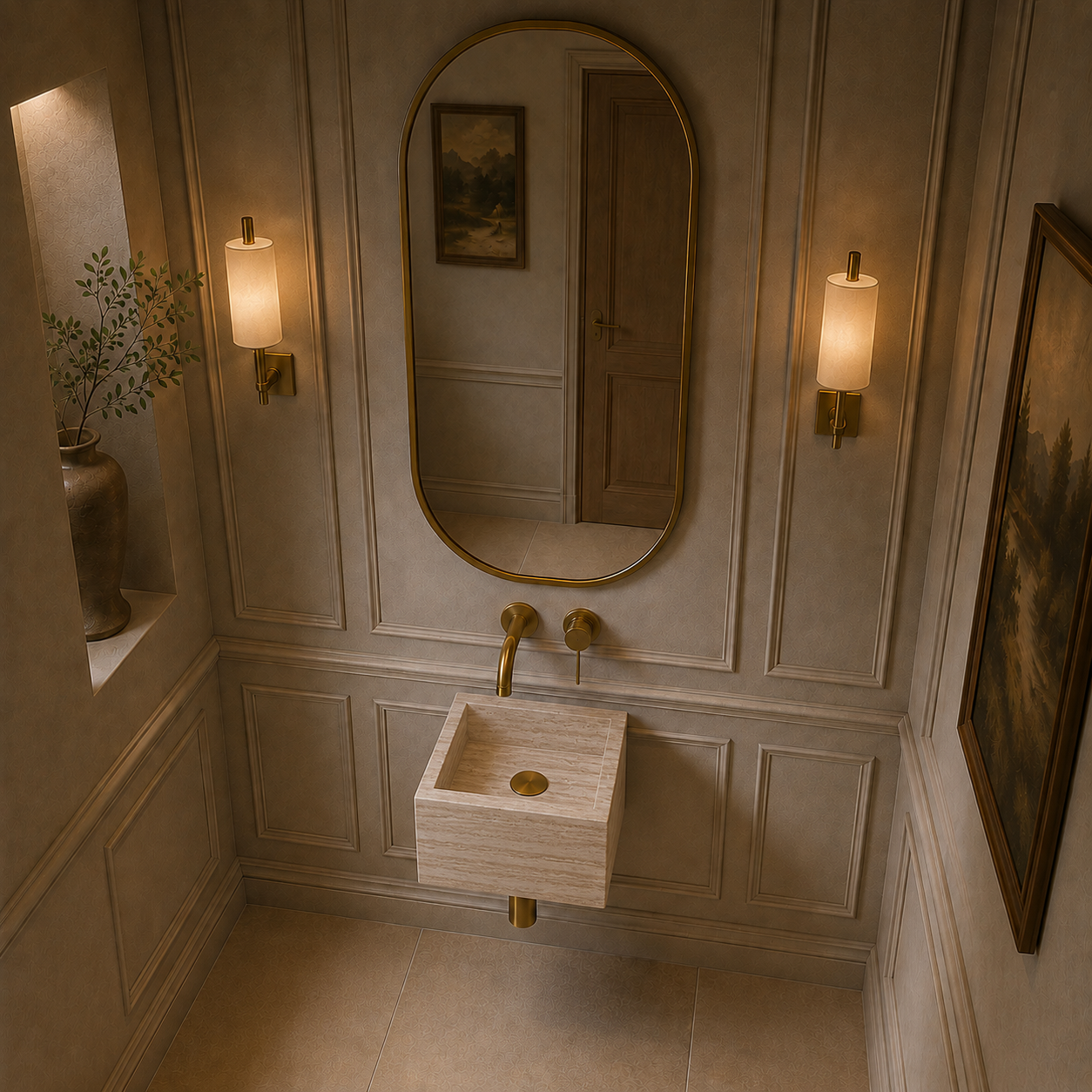 Beige travertine marble wall mounted sink 