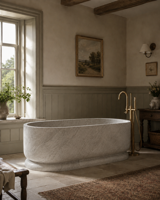 Cotswold Collection freestanding stone bathtub in Taj Mahal
