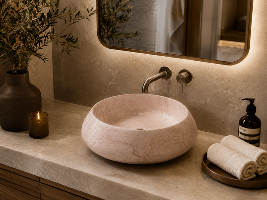Carrara Collection Luxury Marble Countertop Basin – Rose Cream, product view 2
