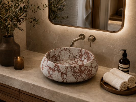 Carrara Collection Luxury Marble Countertop Basin – Bulgari Red, product view 1