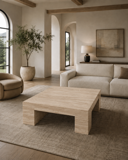 Belvedere Collection Luxury Marble & Stone Coffee Table – Beige Travertine, product view 6