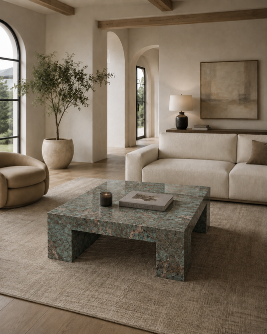 Belvedere Collection Luxury Marble & Stone Coffee Table – Amazon Green, product view 3