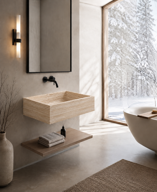 Verona Collection Luxury Wall-Mounted Stone Basin – Beige Travertine, product view 13