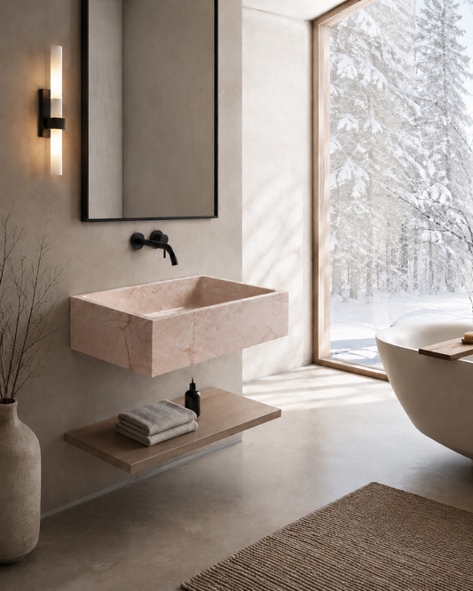 Verona Collection Luxury Wall-Mounted Stone Basin – Rose Cream, product view 8