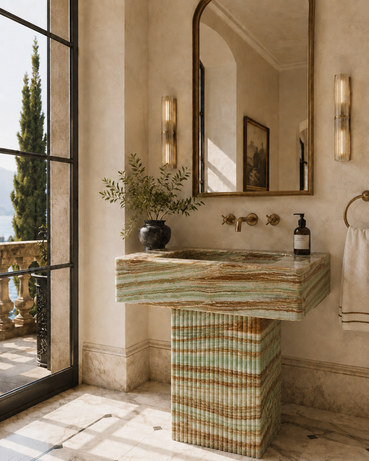 Portofino Collection freestanding natural stone basin in Bamboo Emerald Onyx – product view 3