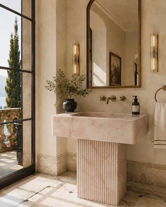 Portofino Collection Luxury Freestanding Marble Basin – Rose Cream, product view 12
