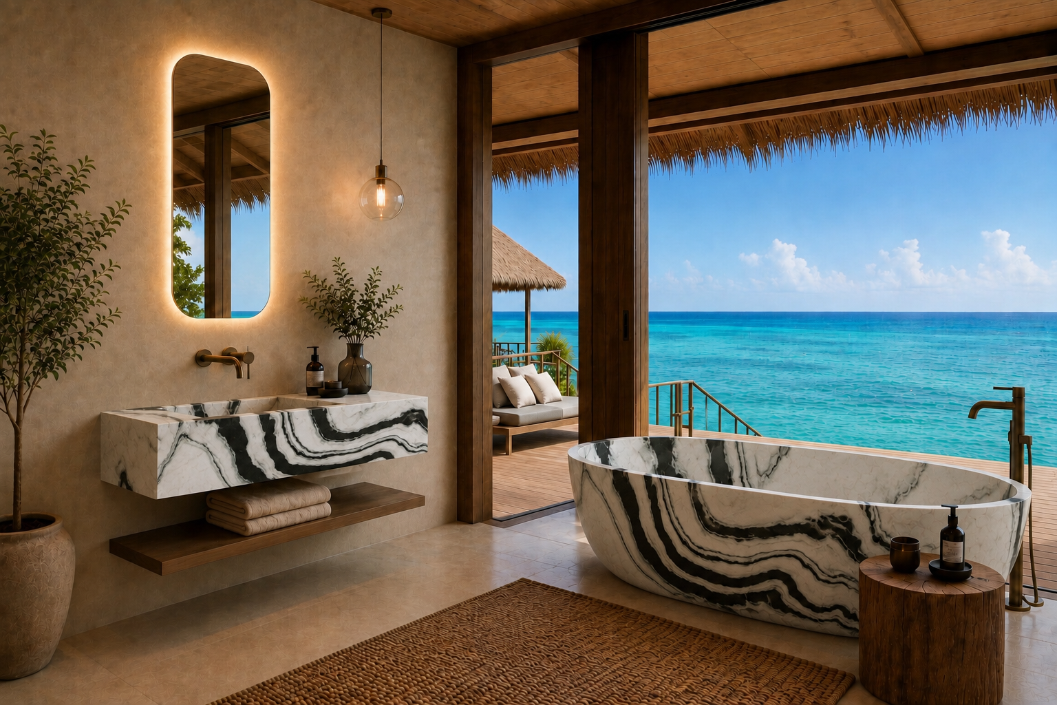 Luxury bathroom interior with a white marble sink and matching freestanding bathtub featuring black veining, set in an open-air villa with a direct view of the turquoise ocean.